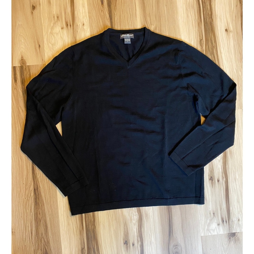 Eddie Bauer Mens Black 100% Merino Wool V-Neck Sweater Large L Long Sleeve